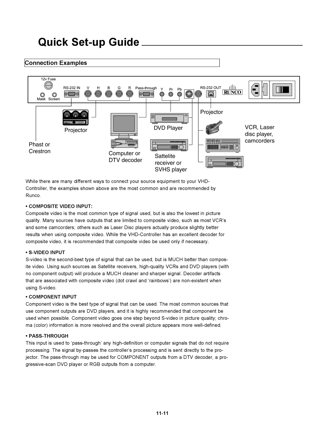 Runco DTV-947 manual Connection Examples, Composite Video Input, Component Input, Pass-Through 