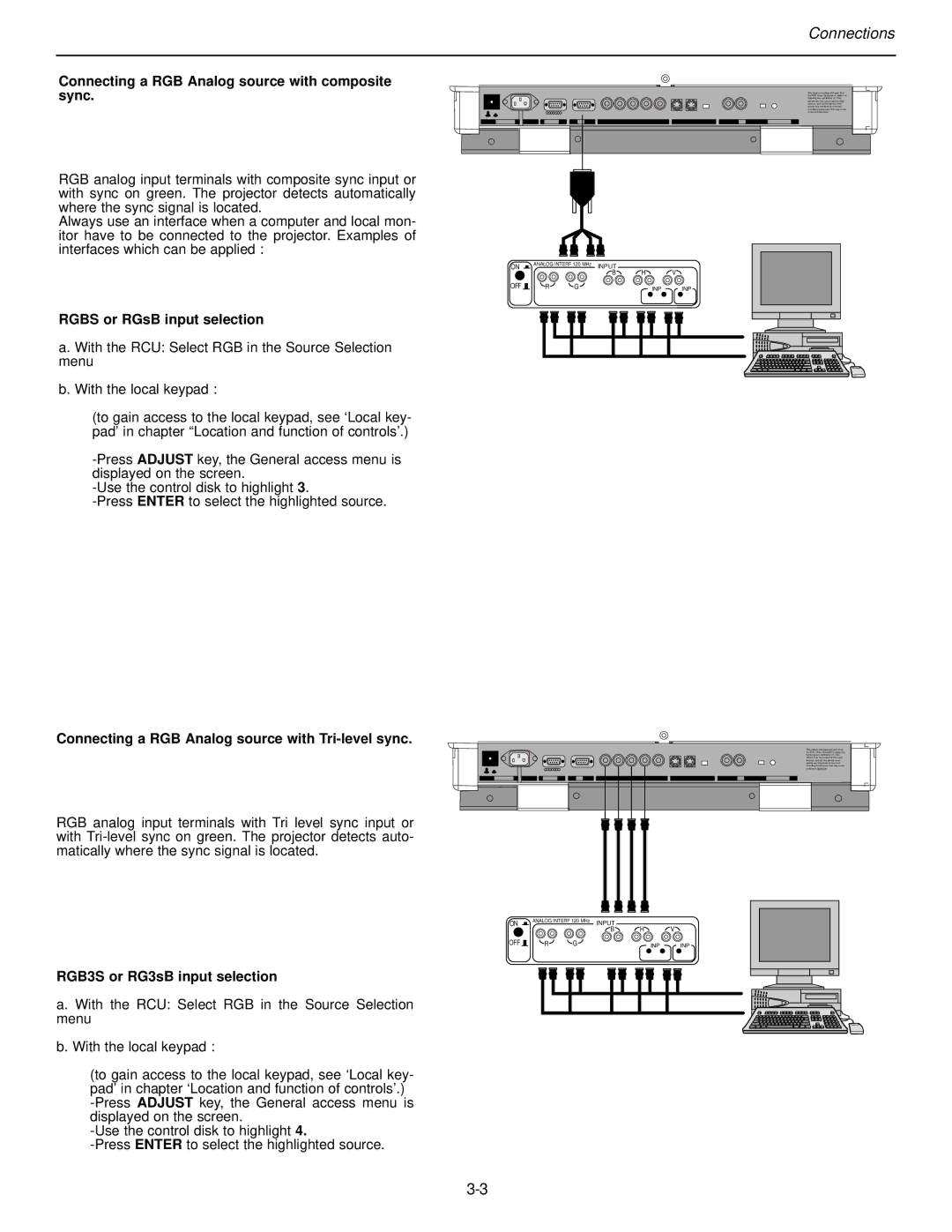 Runco DTV-992 manual Connecting a RGB Analog source with composite sync, Rgbs or RGsB input selection 