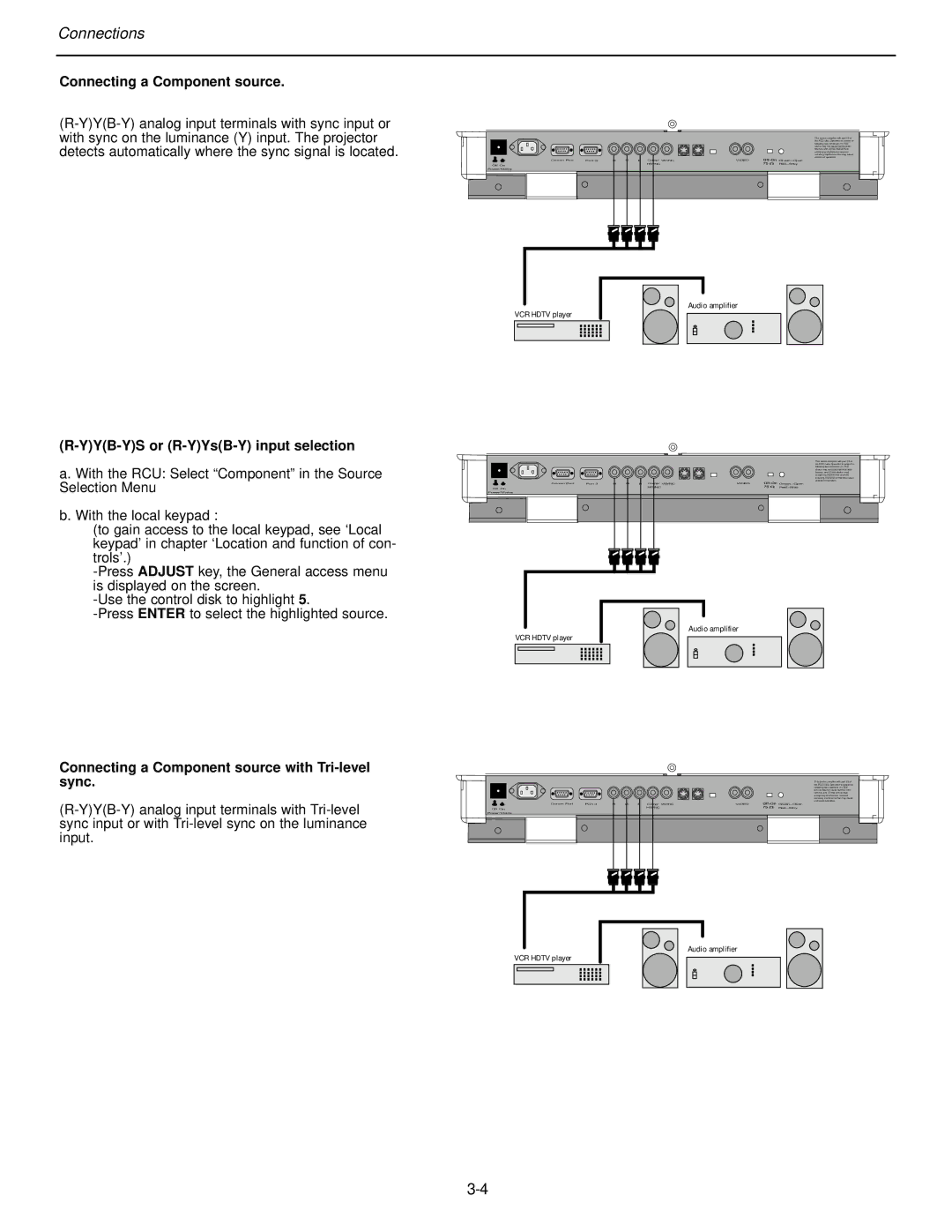 Runco DTV-992 manual Connecting a Component source, YYB-YS or R-YYsB-Y input selection 