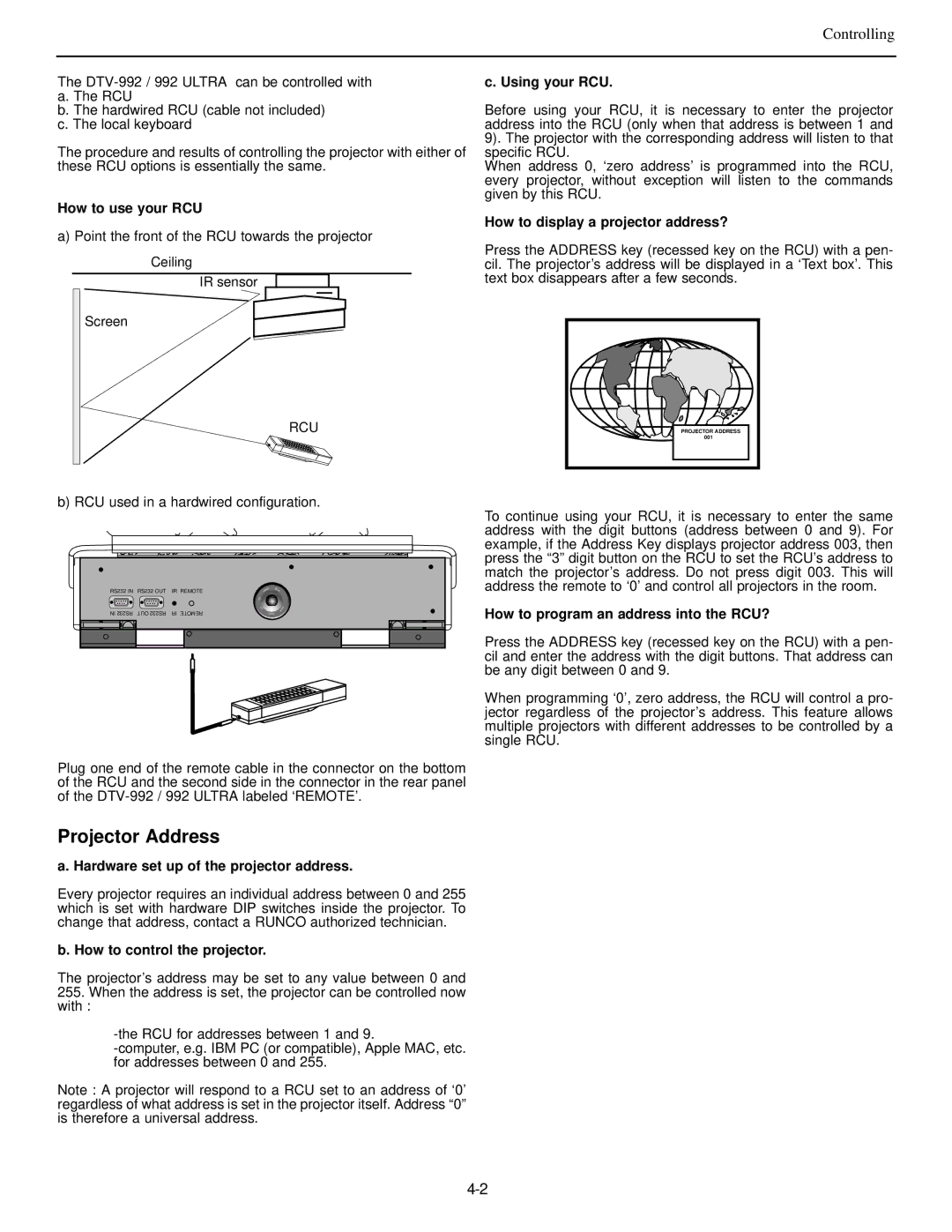 Runco DTV-992 manual How to use your RCU, Using your RCU, How to display a projector address?, How to control the projector 