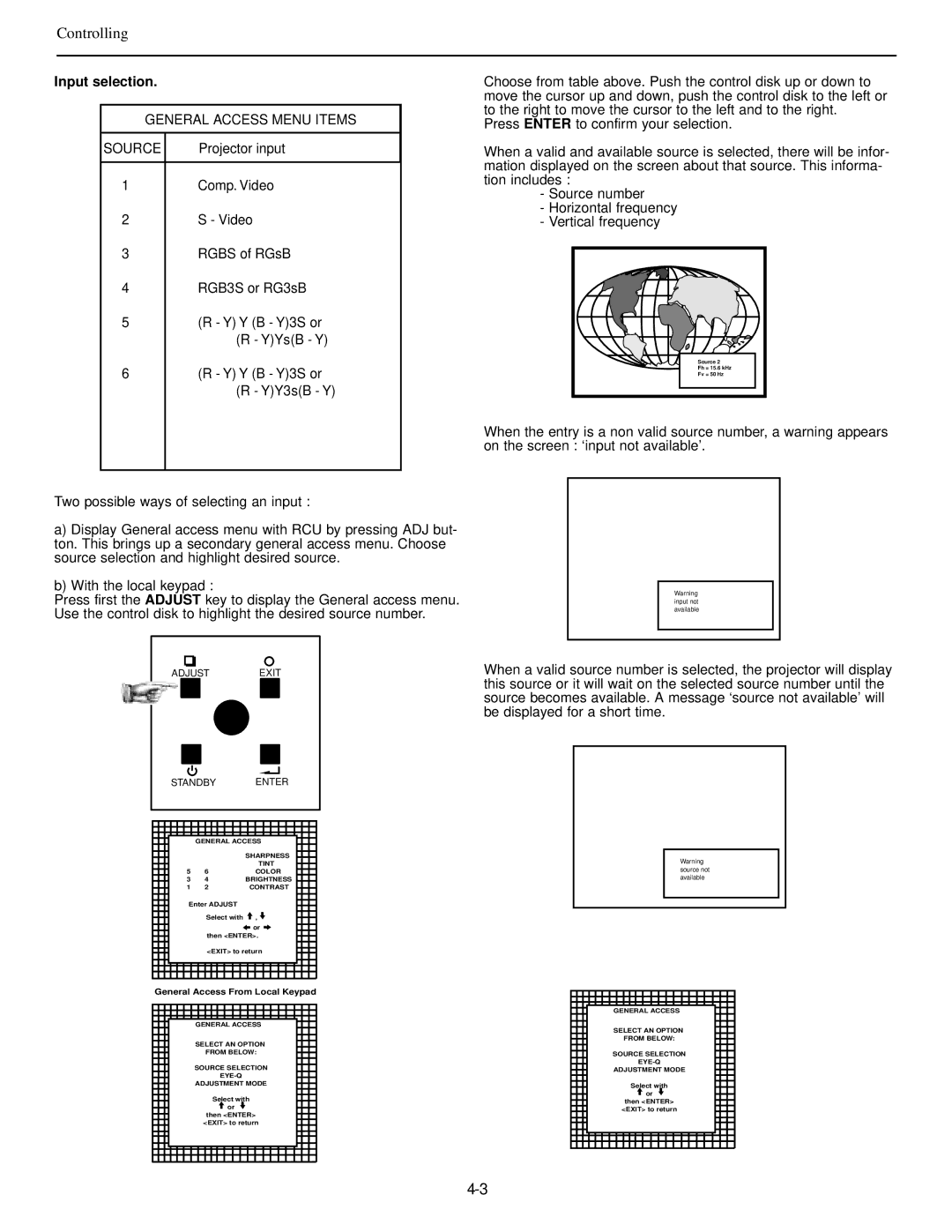 Runco DTV-992 manual Input selection, General Access Menu Items Source 