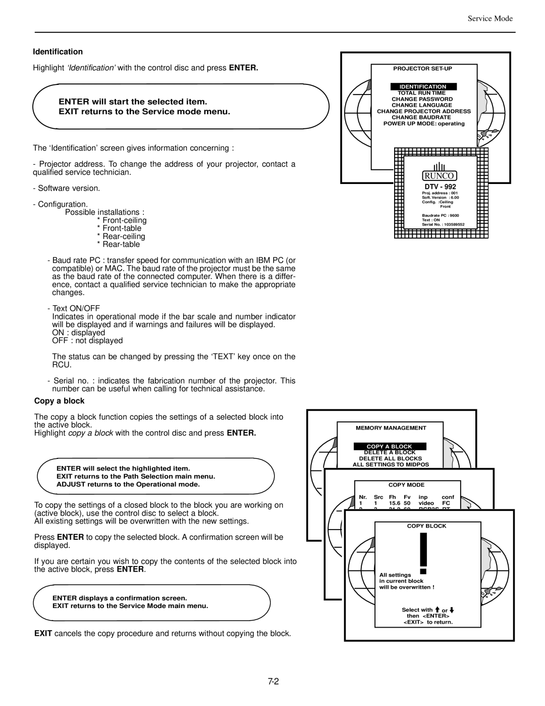 Runco DTV-992 manual Identification, Copy a block, Copy a Block 