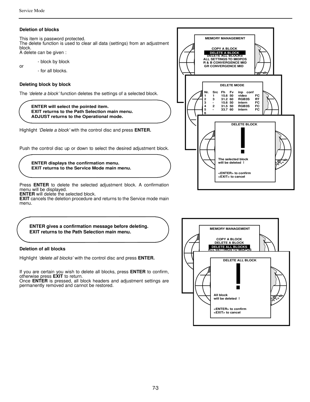 Runco DTV-992 manual Deletion of blocks, Deleting block by block, Delete a Block, Delete ALL Blocks 