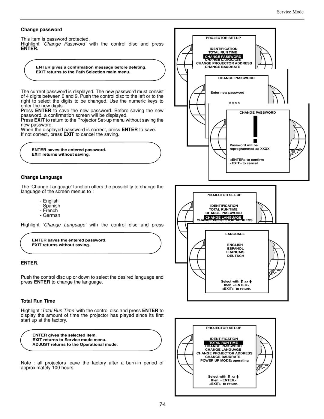 Runco DTV-992 manual Change password, Change Language, Total Run Time 