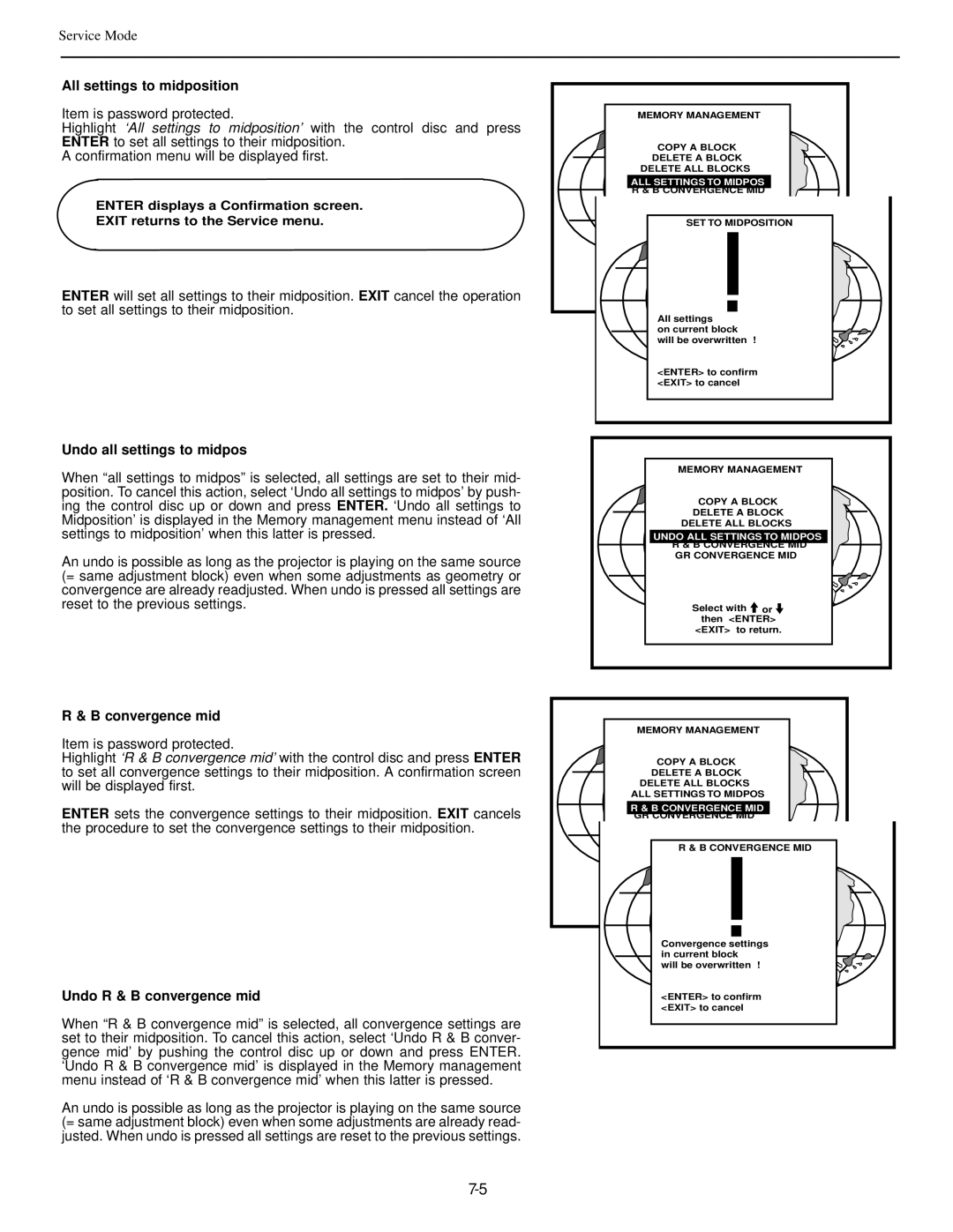 Runco DTV-992 manual All settings to midposition, Undo all settings to midpos, Convergence mid, Undo R & B convergence mid 