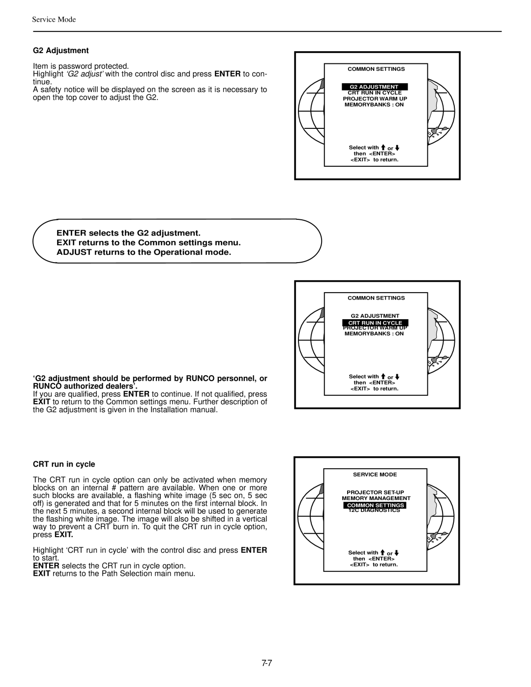 Runco DTV-992 manual G2 Adjustment, CRT run in cycle, CRT RUN in Cycle Projector Warm UP, Common Settings 12C Diagnostics 