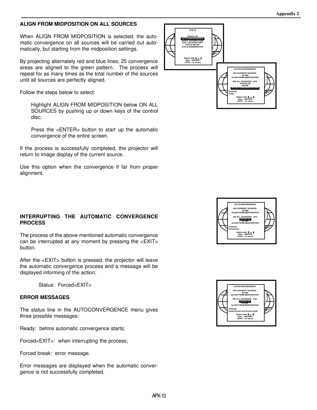 Runco DTV-992 manual Align from Midposition on ALL Sources, Interrupting the Automatic Convergence Process, Error Messages 