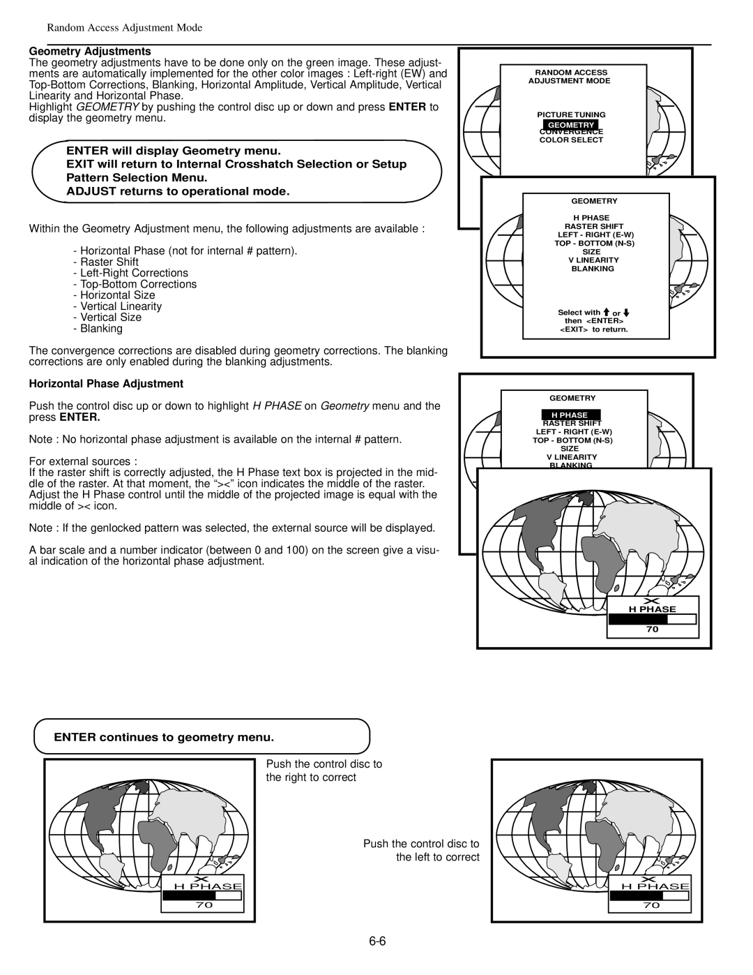 Runco dtv-992/992 ultra, runco super hdtv dtv video projector manual Geometry Adjustments, Horizontal Phase Adjustment 