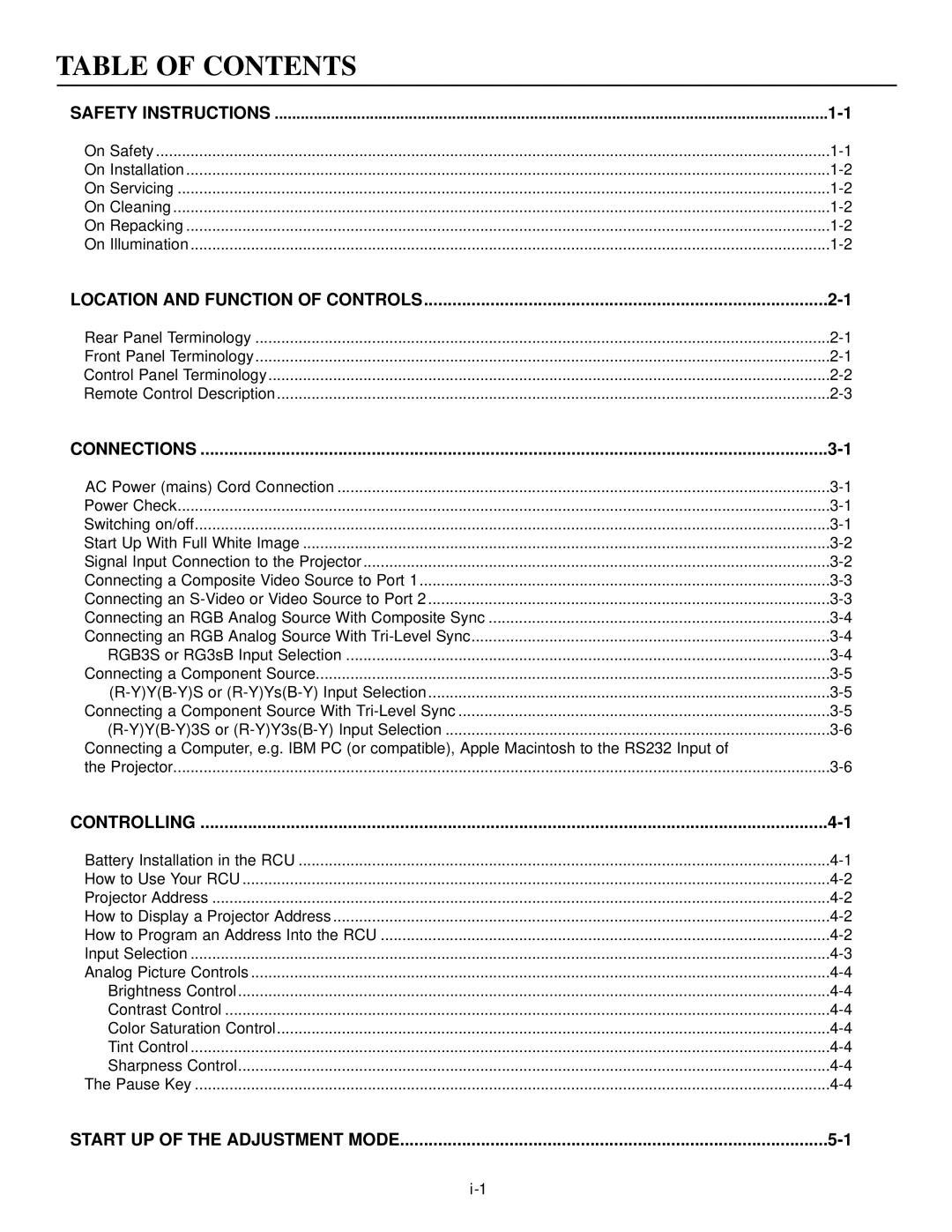 Runco runco super hdtv dtv video projector, dtv-992/992 ultra manual Table of Contents 