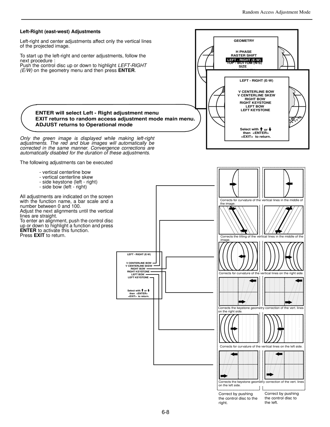 Runco dtv-992/992 ultra, runco super hdtv dtv video projector manual Left-Right east-west Adjustments, Left Right E-W 