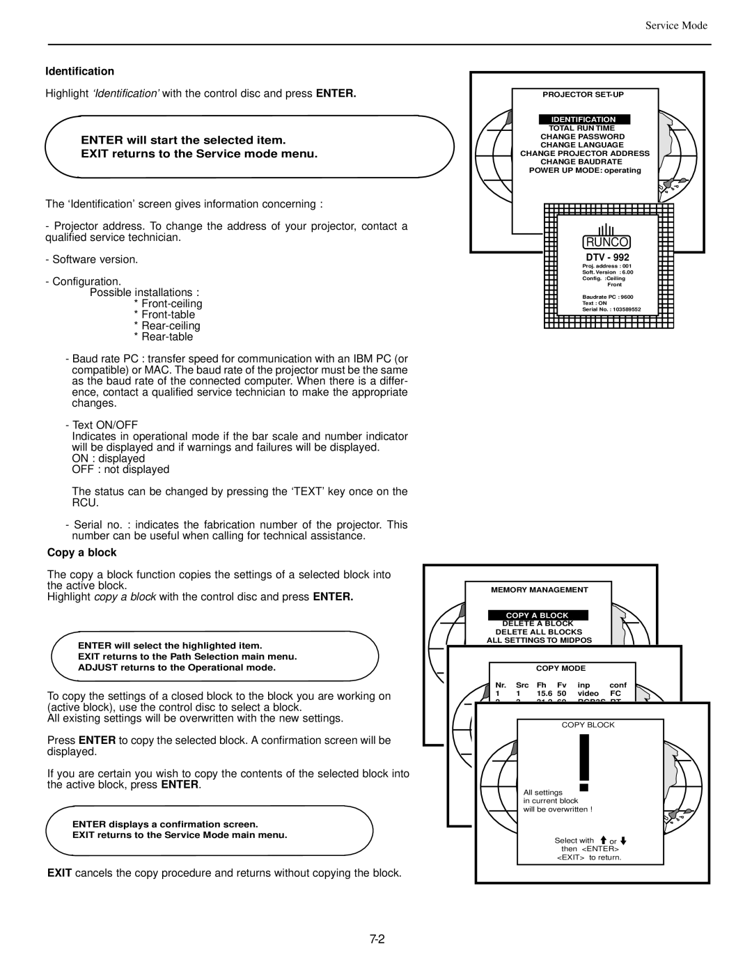 Runco dtv-992/992 ultra, runco super hdtv dtv video projector manual Identification, Copy a block, Copy a Block 