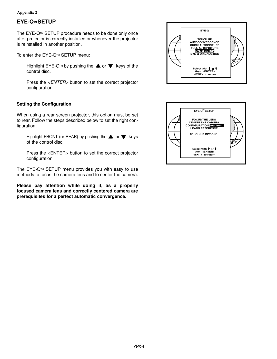 Runco runco super hdtv dtv video projector, dtv-992/992 ultra manual Eye-Qtmsetup, Setting the Configuration 