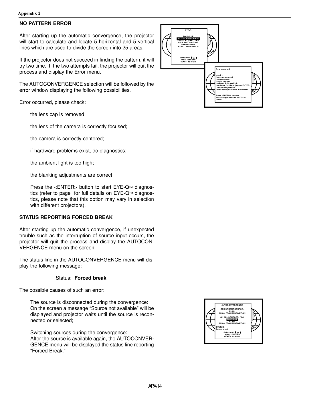 Runco runco super hdtv dtv video projector manual No Pattern Error, Status Reporting Forced Break, Status Forced break 