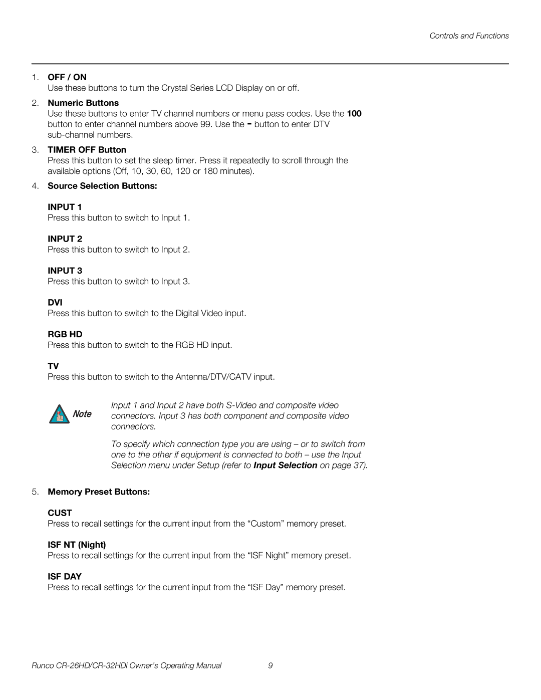 Runco CR-26HD, CR-32HDi manual OFF / on, Numeric Buttons, Timer OFF Button, Source Selection Buttons, Memory Preset Buttons 