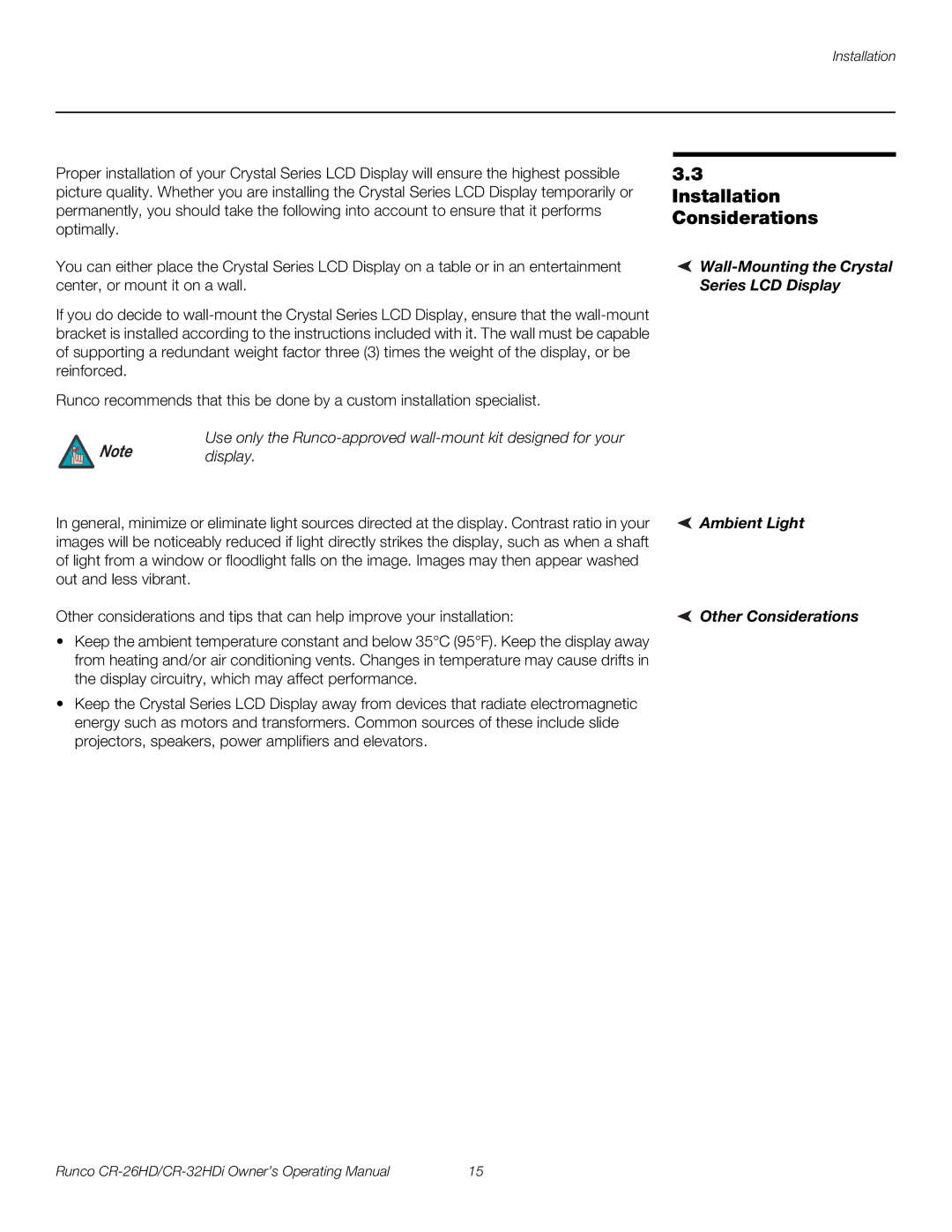 Runco CR-26HD, CR-32HDi manual Installation Considerations, Wall-Mounting the Crystal Series LCD Display, Ambient Light 