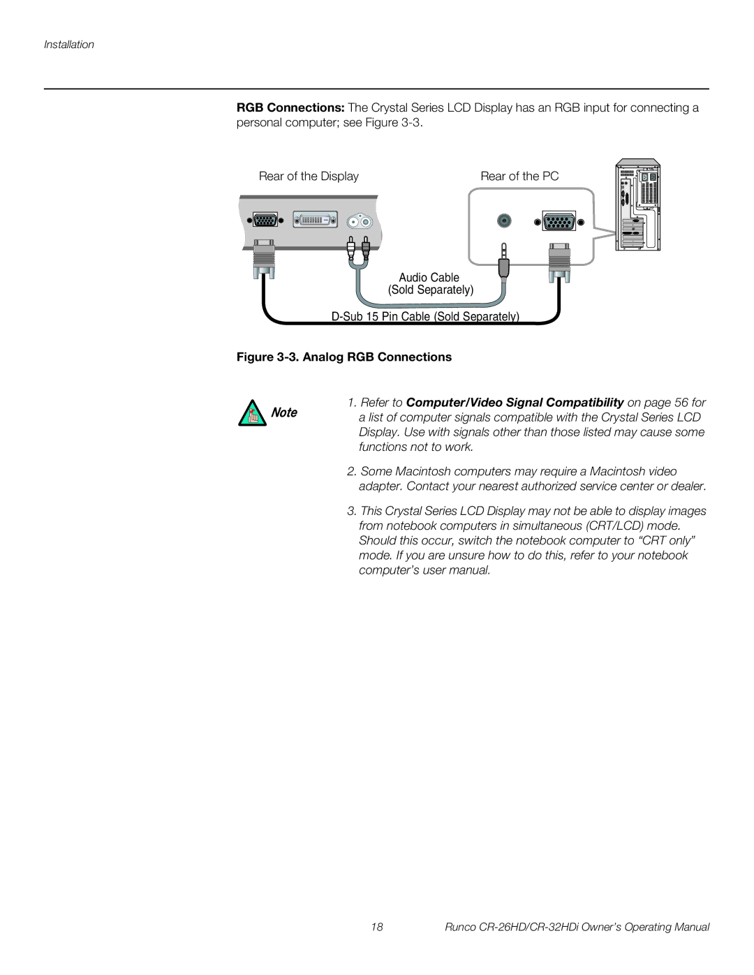 Runco High-Definition manual Analog RGB Connections, Refer to Computer/Video Signal Compatibility on page 56 for 