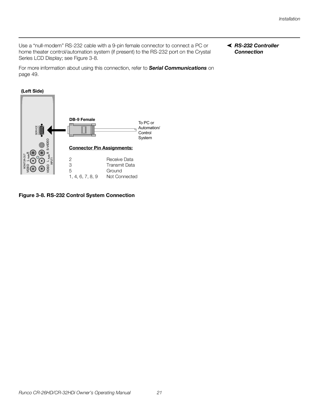 Runco CR-26HD, CR-32HDi, High-Definition manual RS-232 Controller, Left Side, Connector Pin Assignments 