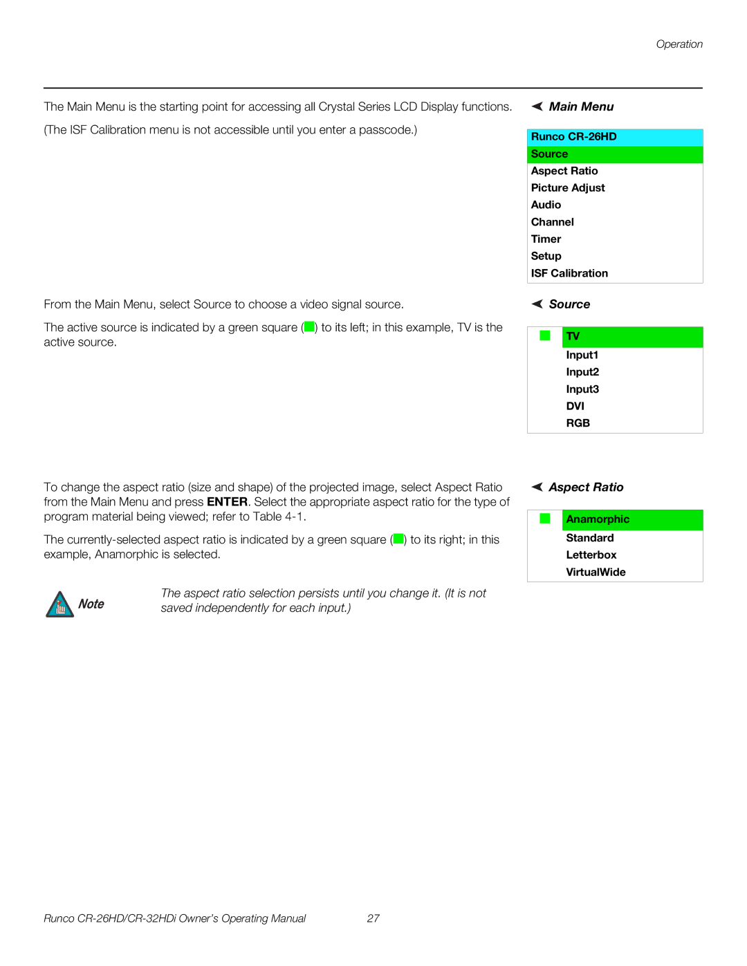 Runco CR-26HD, CR-32HDi, High-Definition manual Main Menu, Source, Aspect Ratio, TV Input1 Input2 Input3 