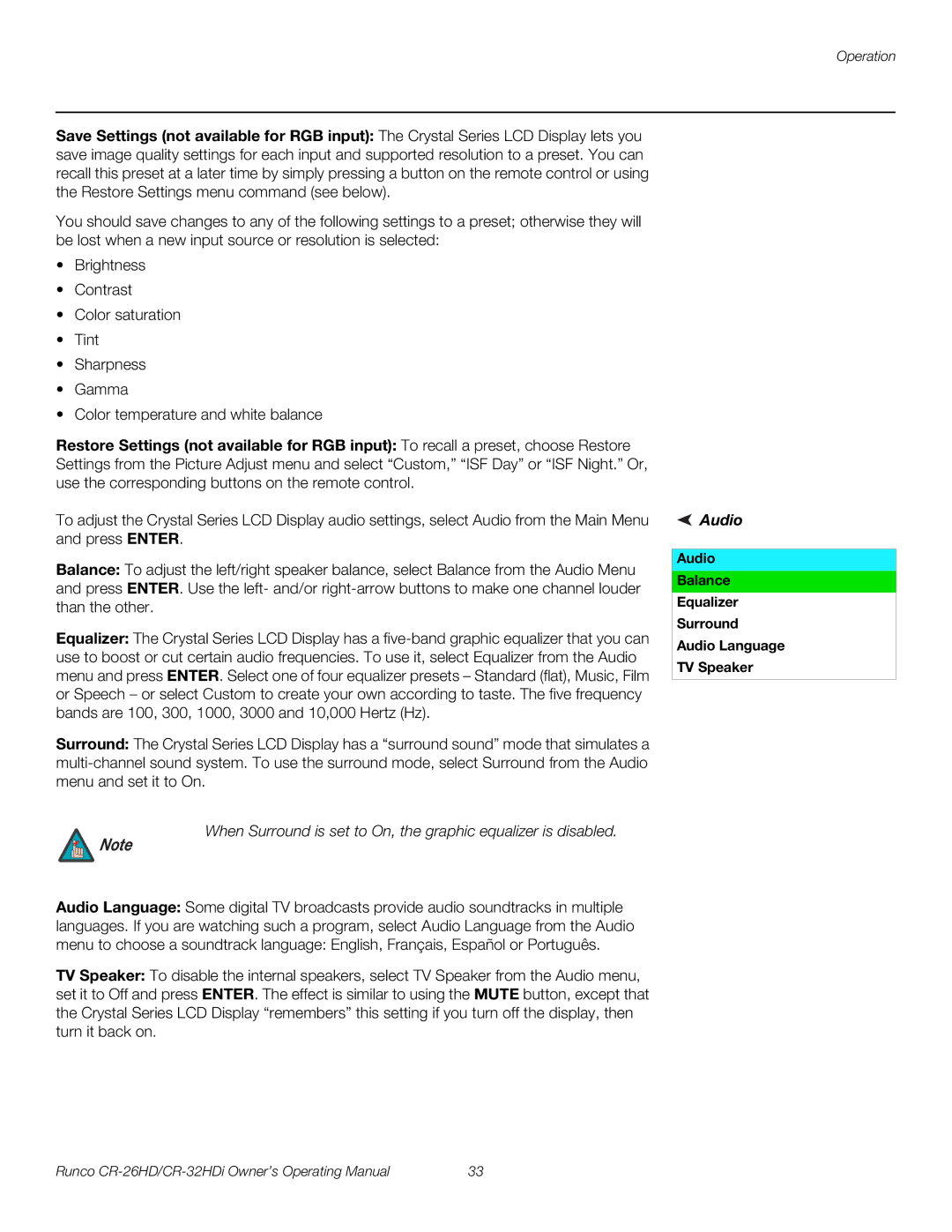 Runco CR-26HD, CR-32HDi, High-Definition manual Audio Balance Equalizer Surround Audio Language TV Speaker 