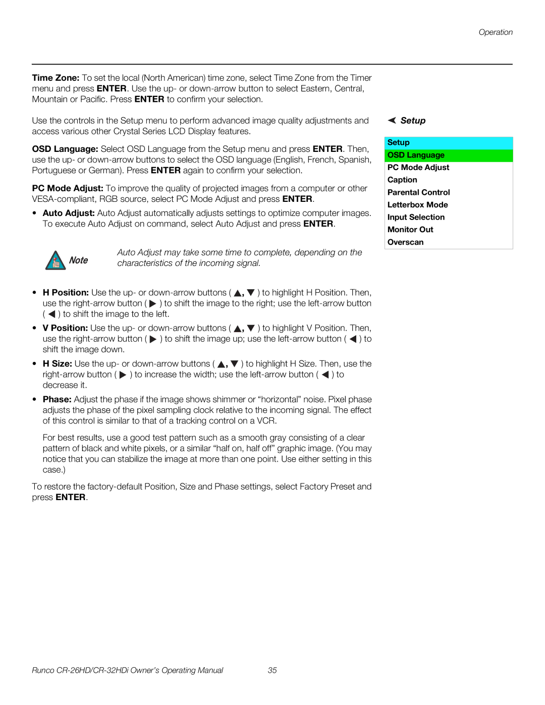 Runco CR-26HD, CR-32HDi, High-Definition manual Characteristics of the incoming signal, Setup 