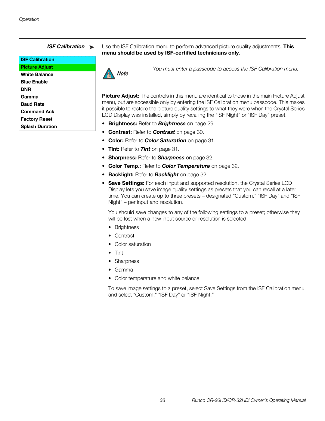 Runco High-Definition, CR-26HD, CR-32HDi manual ISF Calibration, Menu should be used by ISF-certified technicians only 