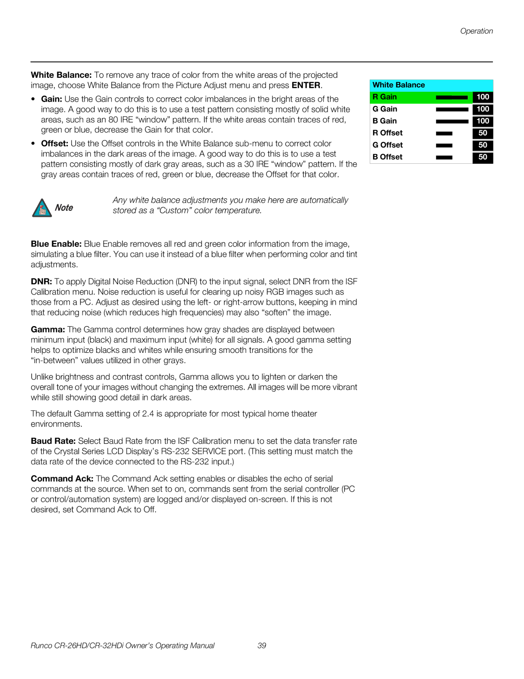 Runco CR-26HD, CR-32HDi, High-Definition manual White Balance Gain, Offset 