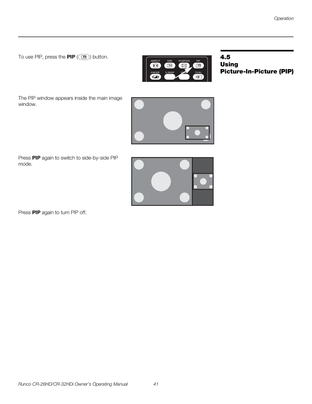 Runco CR-26HD, CR-32HDi, High-Definition manual Using Picture-In-Picture PIP 