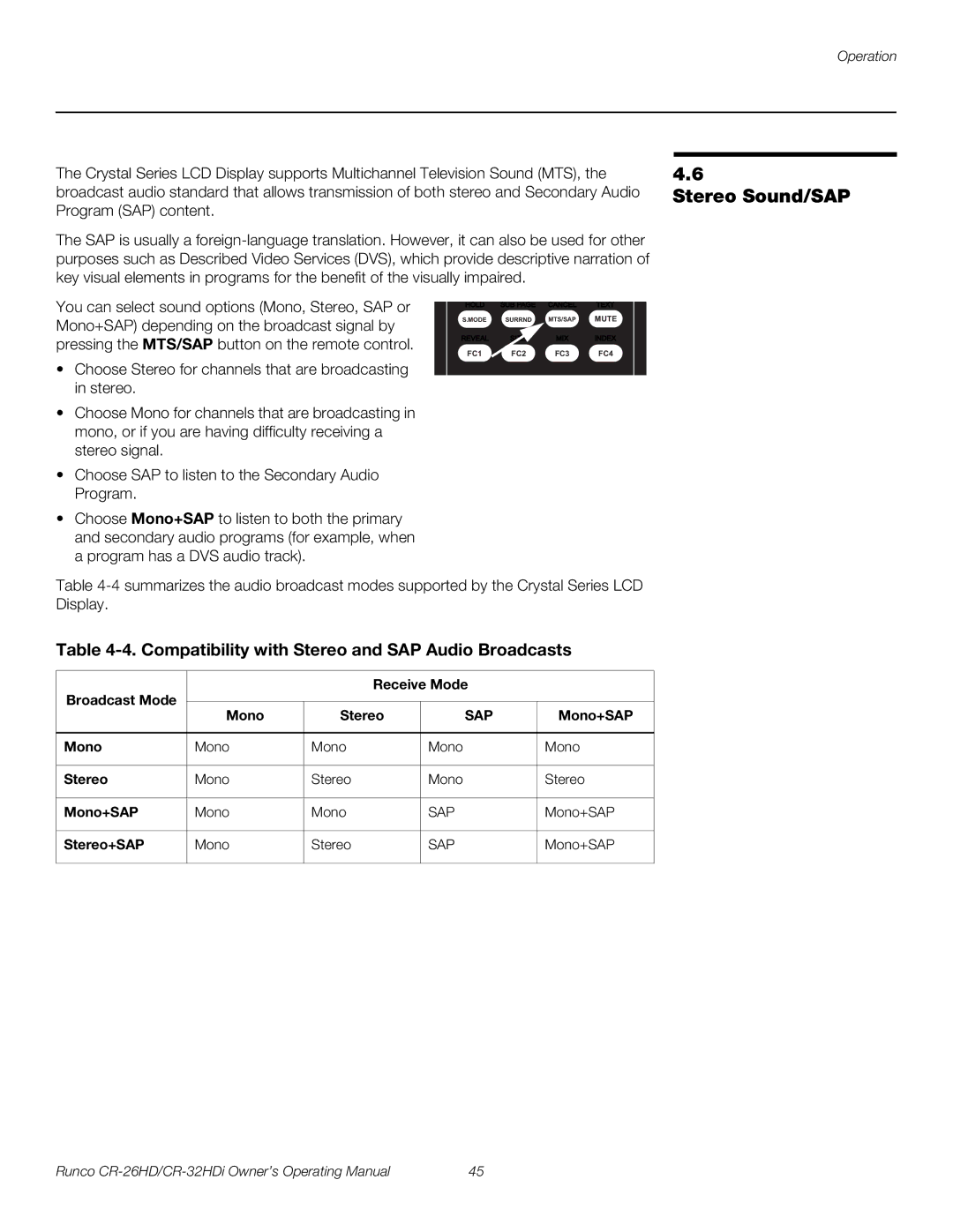 Runco CR-26HD, CR-32HDi manual Stereo Sound/SAP, Compatibility with Stereo and SAP Audio Broadcasts, Mono+SAP, Stereo+SAP 