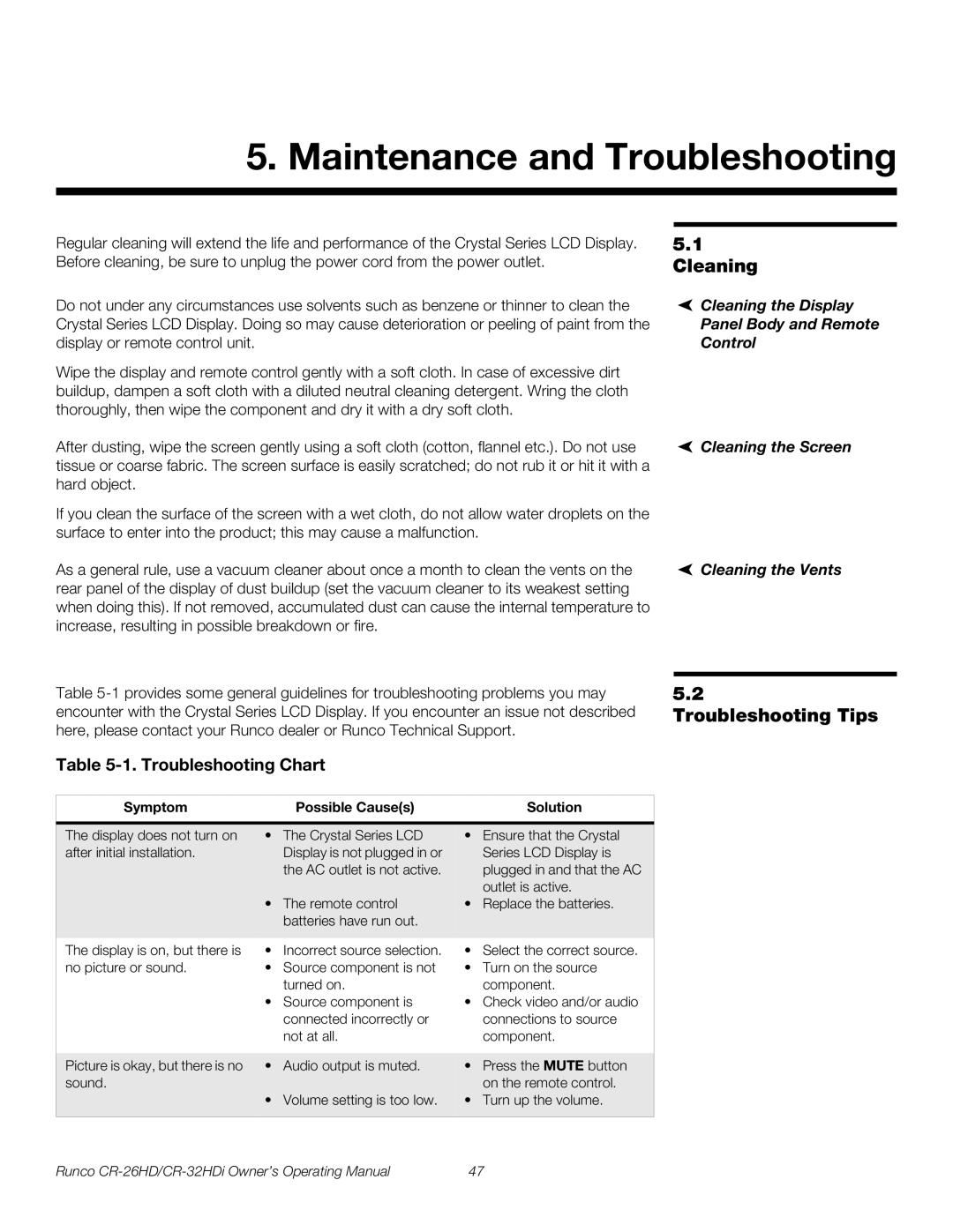 Runco CR-26HD, CR-32HDi manual Maintenance and Troubleshooting, Cleaning, Troubleshooting Tips, Troubleshooting Chart 