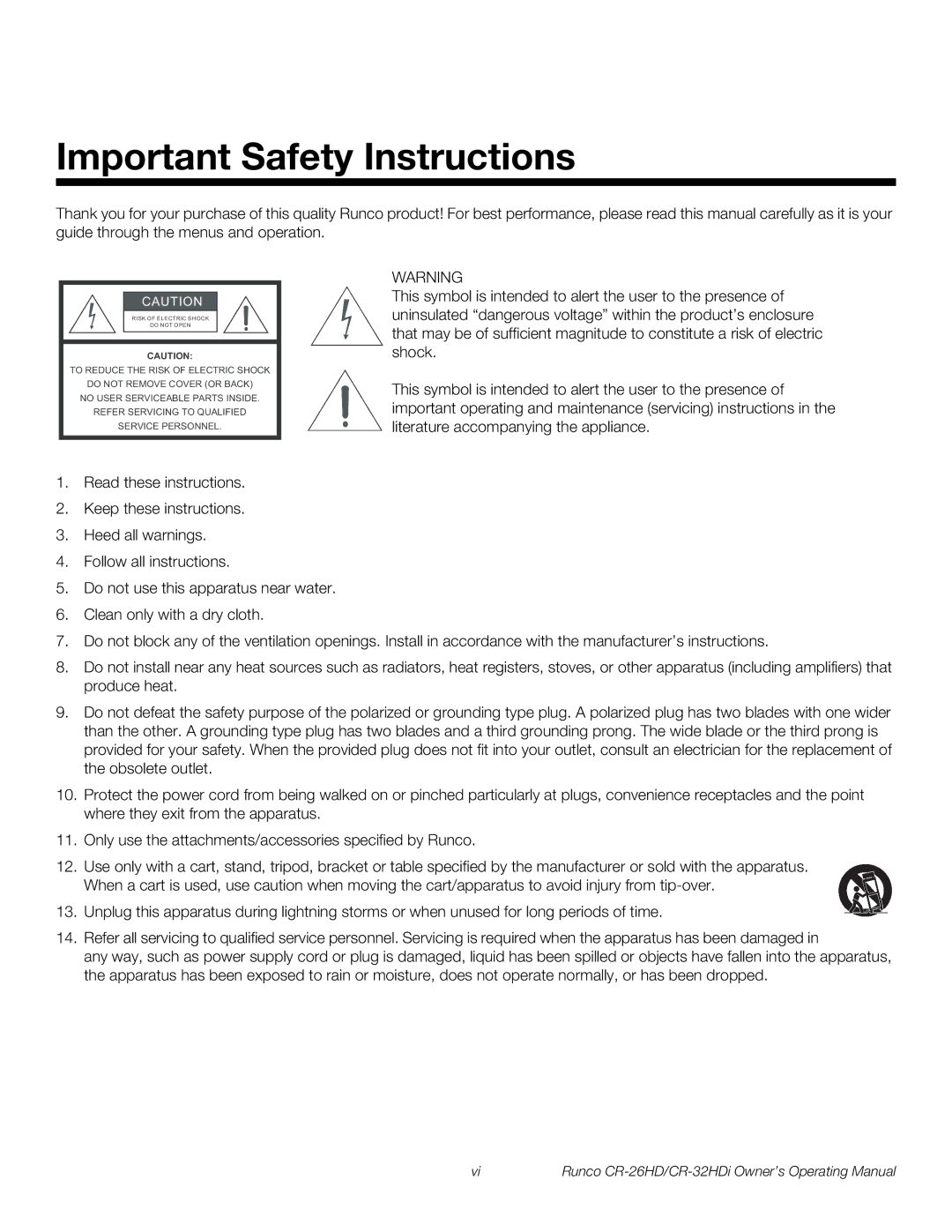 Runco High-Definition, CR-26HD, CR-32HDi manual Important Safety Instructions 