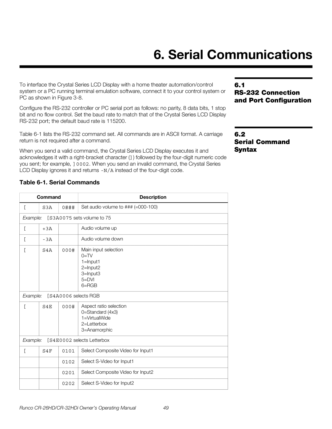 Runco CR-26HD, CR-32HDi manual Serial Communications, RS-232 Connection and Port Configuration, Serial Command Syntax 