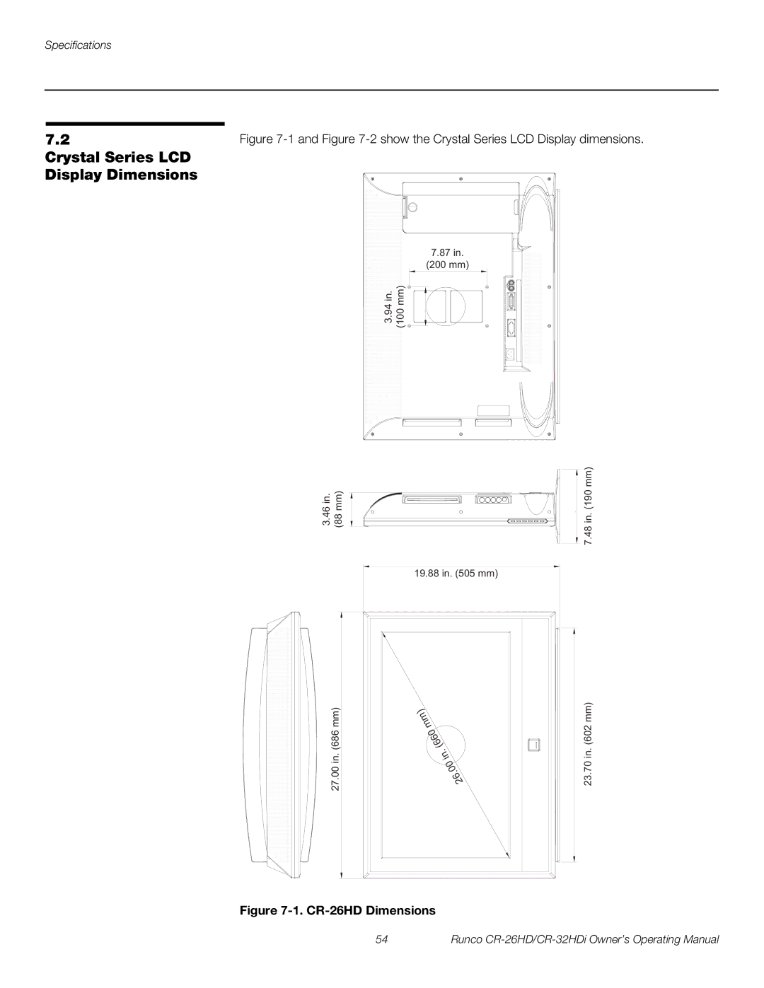 Runco High-Definition, CR-26HD, CR-32HDi manual Crystal Series LCD Display Dimensions, CR-26HD Dimensions 