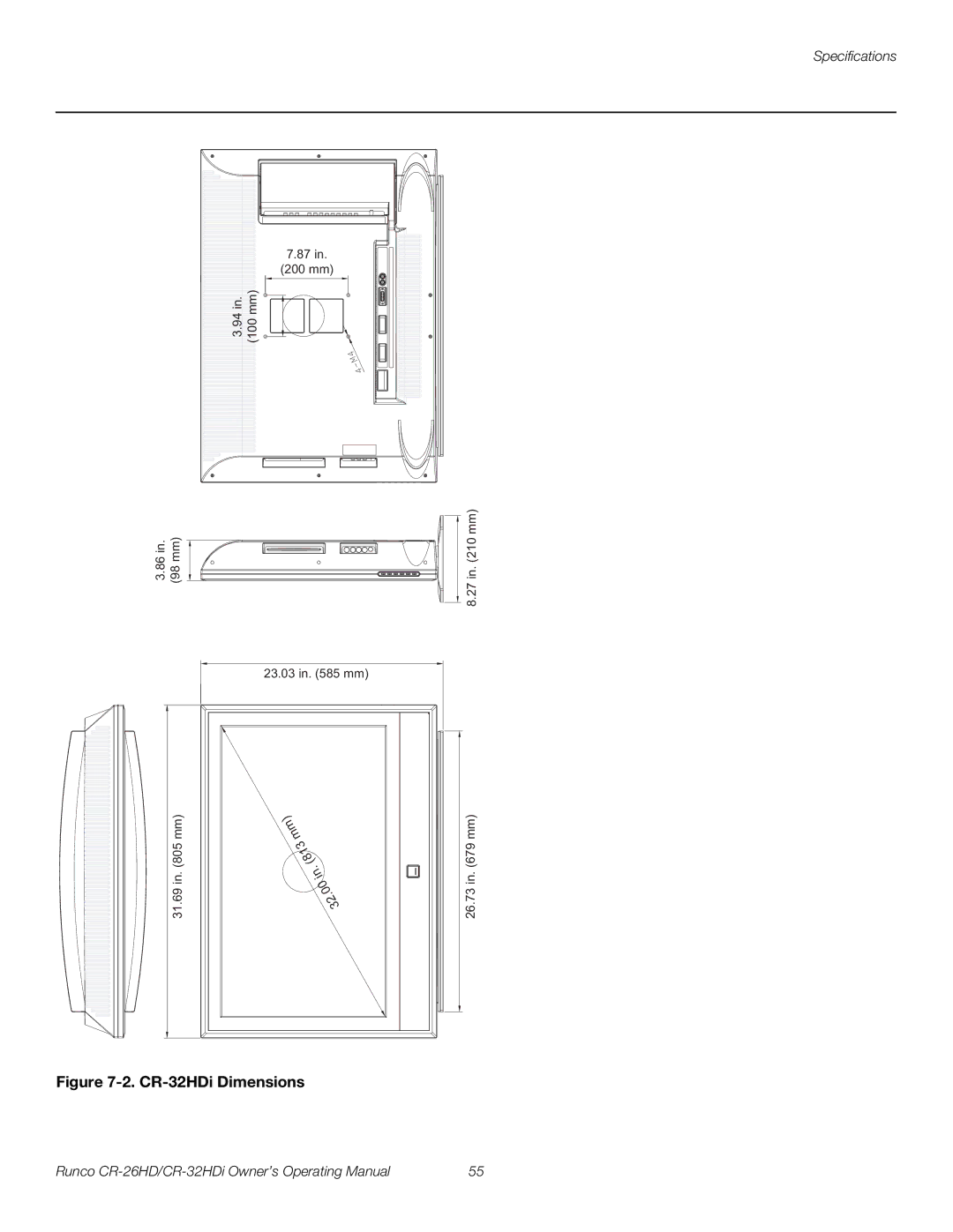 Runco CR-26HD, CR-32HDi, High-Definition manual CR-32HDi Dimensions 