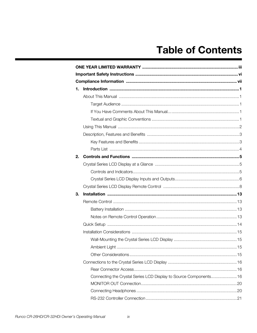 Runco CR-26HD, CR-32HDi, High-Definition manual Table of Contents 