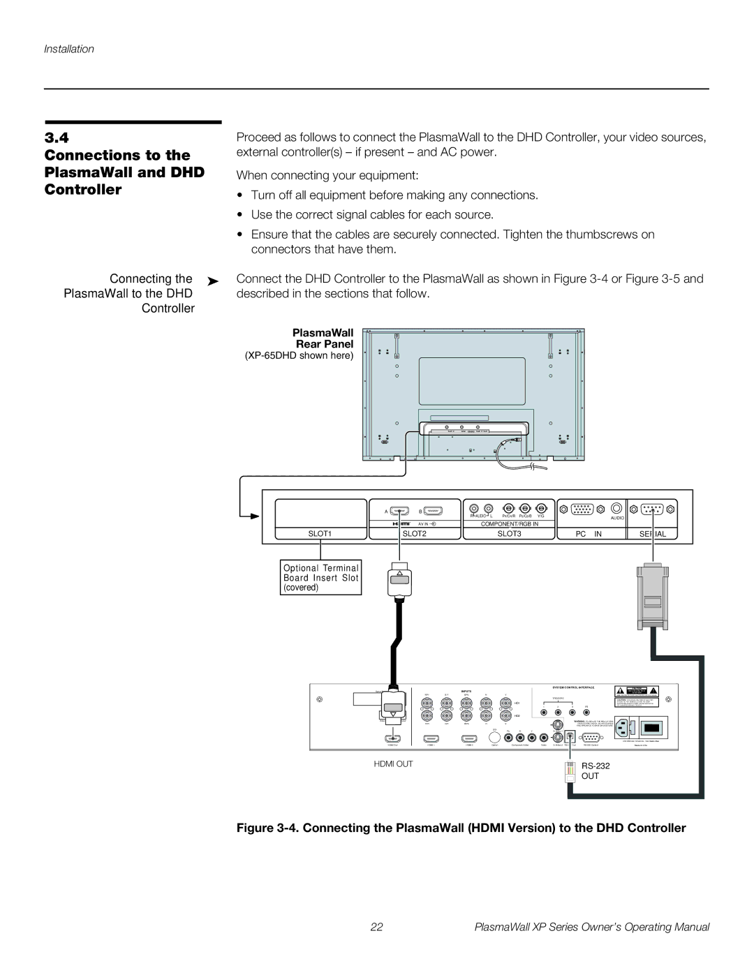 Runco High Definition manual Connections to the PlasmaWall and DHD Controller, Connecting PlasmaWall to the DHD Controller 