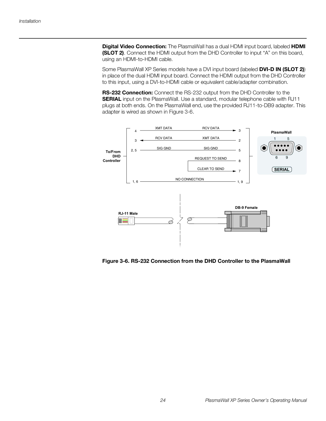 Runco High Definition manual RS-232 Connection from the DHD Controller to the PlasmaWall 