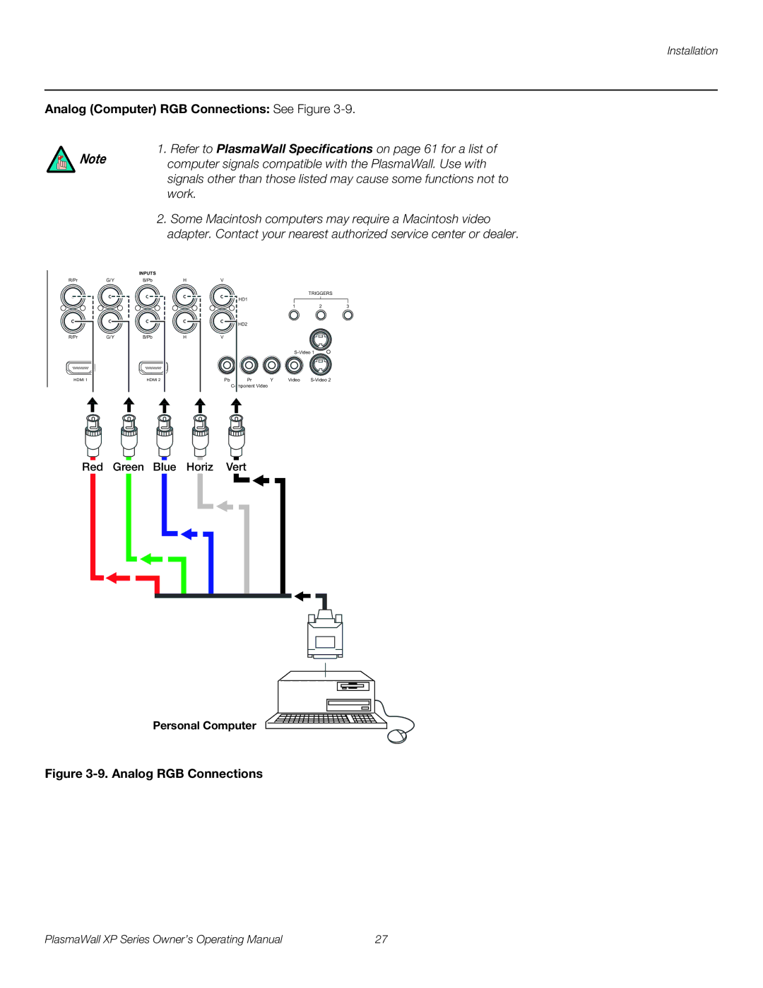 Runco High Definition manual Analog Computer RGB Connections See Figure, Personal Computer 