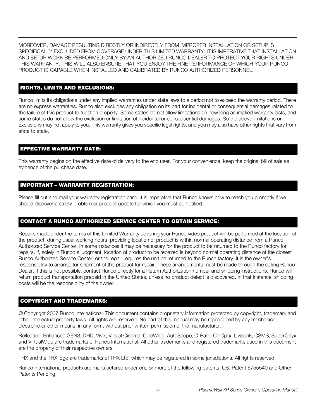 Runco High Definition manual RIGHTS, Limits and Exclusions 