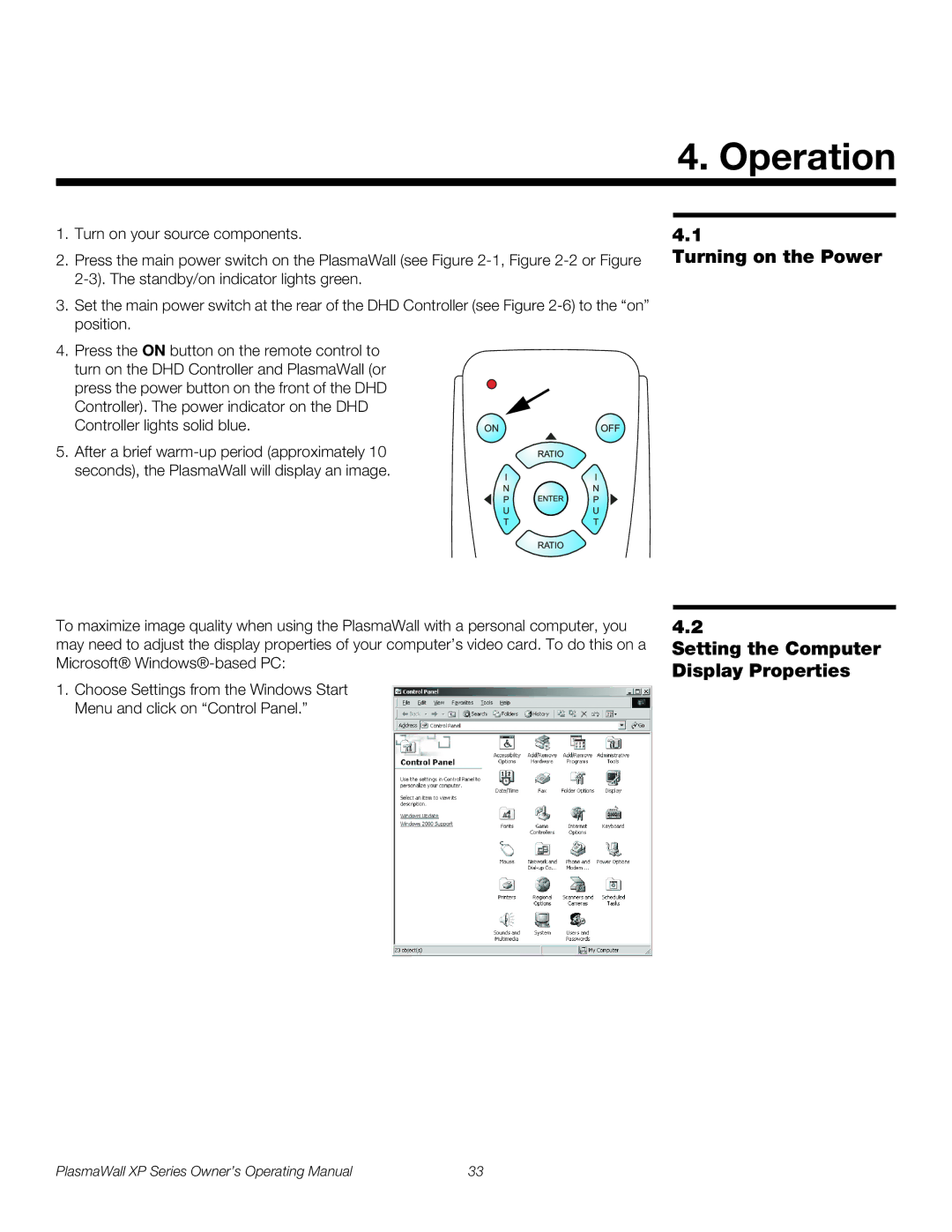 Runco High Definition manual Operation, Turning on the Power Setting the Computer Display Properties 