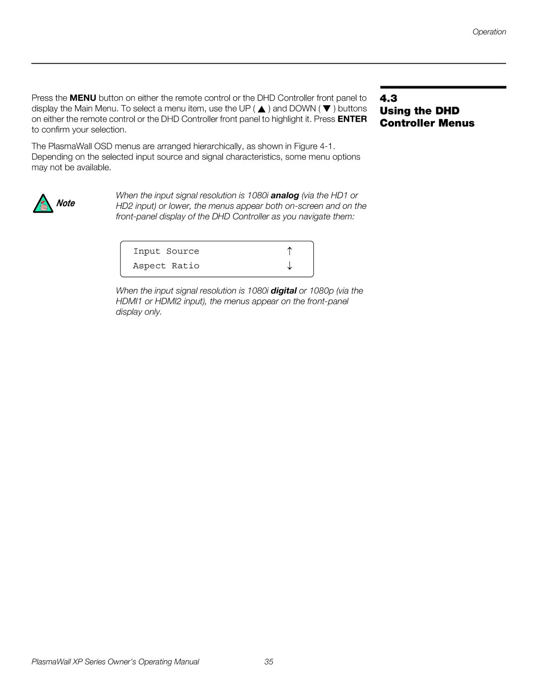 Runco High Definition manual Using the DHD Controller Menus, Input Source Aspect Ratio 