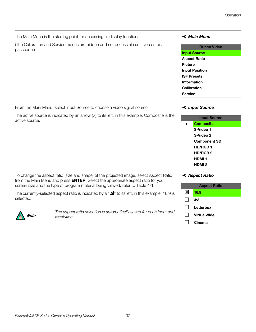 Runco High Definition manual Main Menu, Input Source, Aspect Ratio 169 Letterbox VirtualWide Cinema 