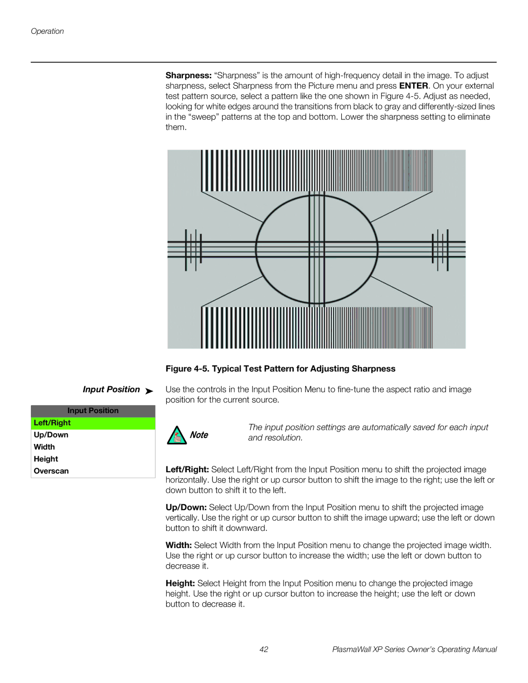 Runco High Definition manual Input Position Left/Right Up/Down Width Height Overscan 