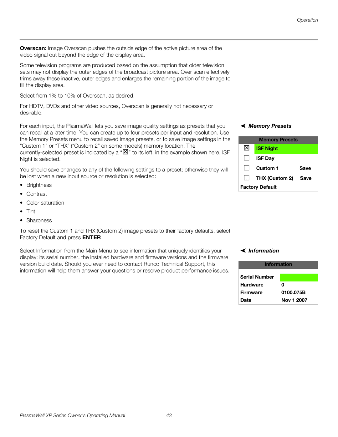 Runco High Definition manual Memory Presets, Information 