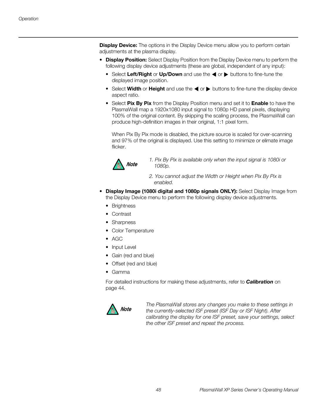 Runco High Definition manual PlasmaWall stores any changes you make to these settings 