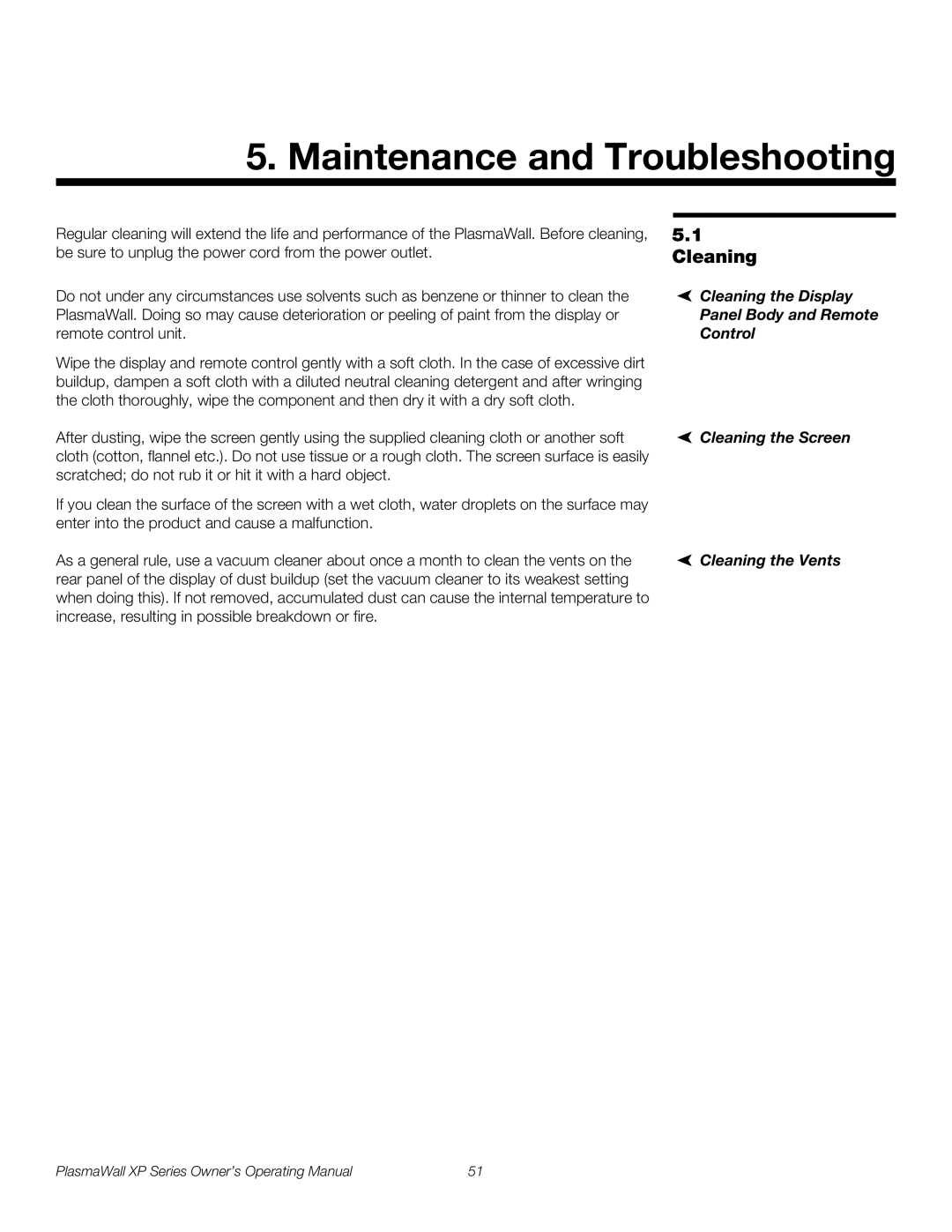 Runco High Definition manual Maintenance and Troubleshooting, Cleaning the Display Panel Body and Remote Control 