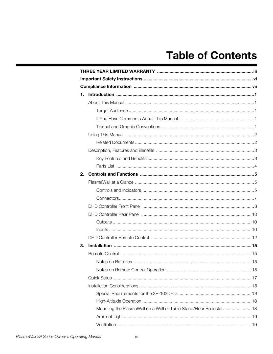 Runco High Definition manual Table of Contents 