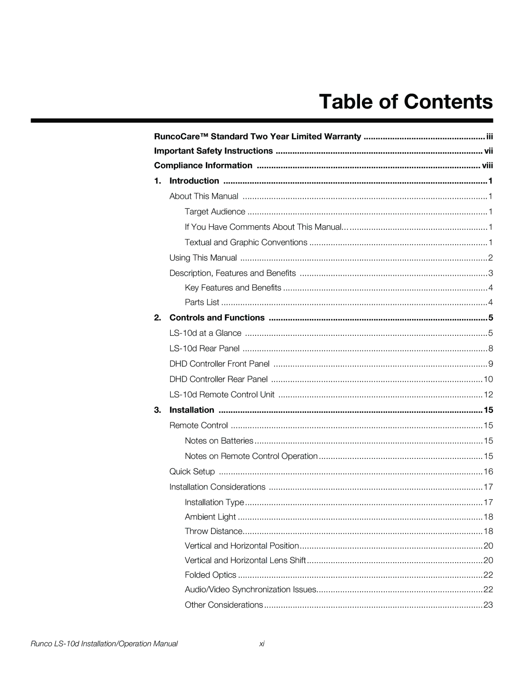 Runco LS-10D operation manual Table of Contents 