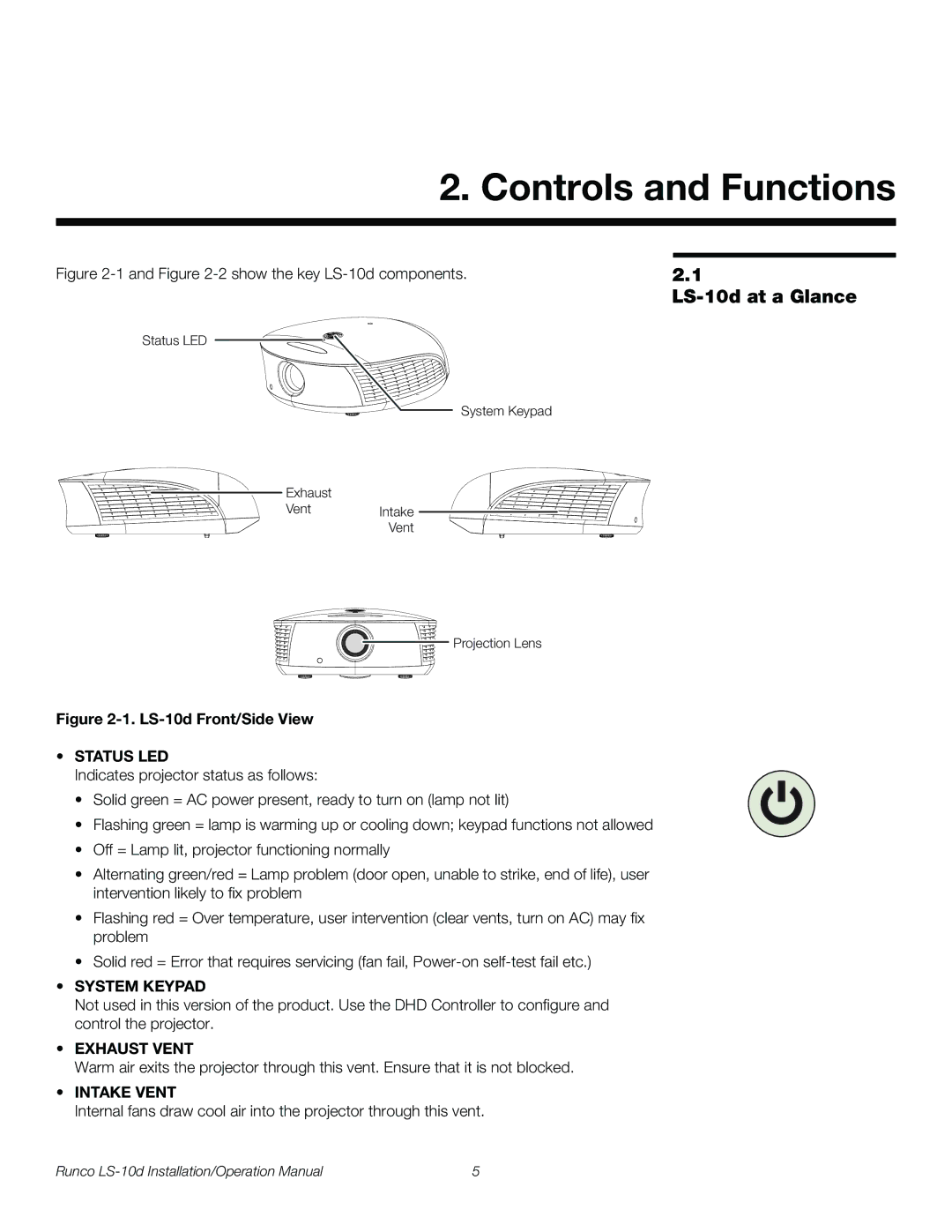 Runco LS-10D operation manual Controls and Functions, LS-10d at a Glance 