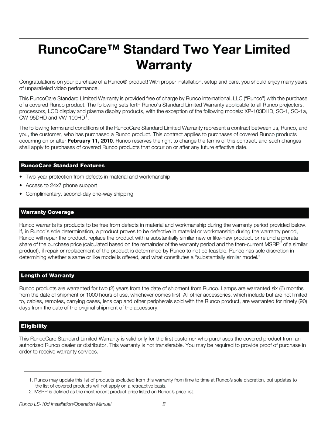 Runco LS-10D operation manual RuncoCare Standard Two Year Limited Warranty, RuncoCare Standard Features 