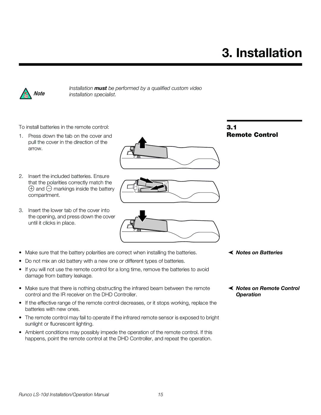 Runco LS-10D operation manual Remote Control, Installation specialist 